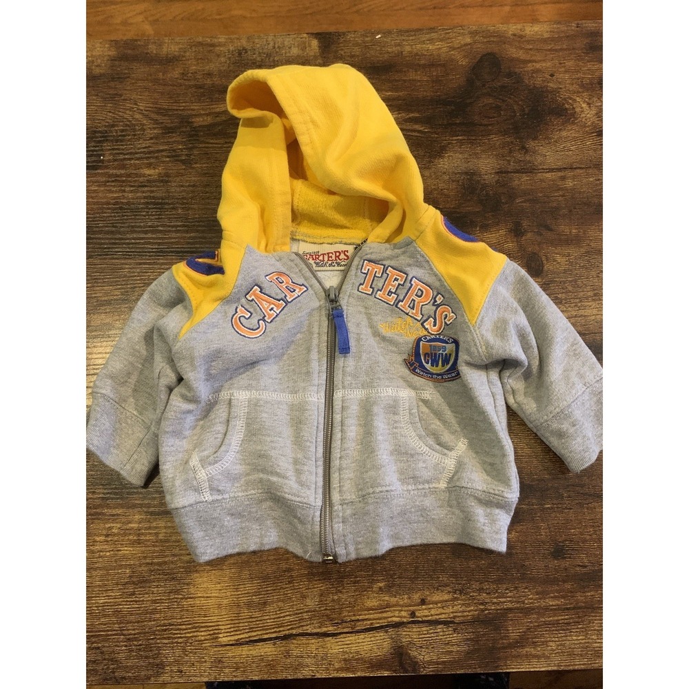 Vintage Carters Gray Yellow Hoodie‎ Zip Up Athletic  6-12 Mo Watch The Wear Tag